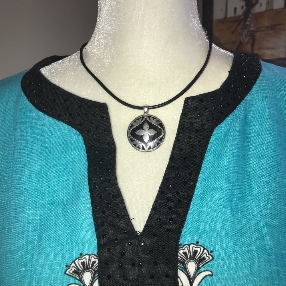 JM Collection Linen 3/4 Drawstring Sleeve Tunic Top M Blue Black White - Picture 3 of 7